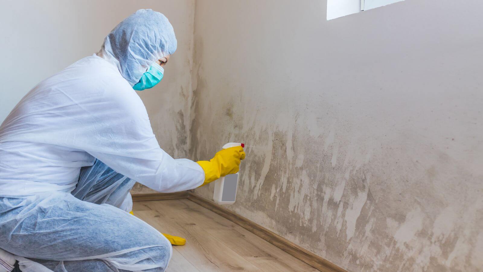 A person wearing a protective suit, mask, and gloves sprays a wall with mold or mildew.