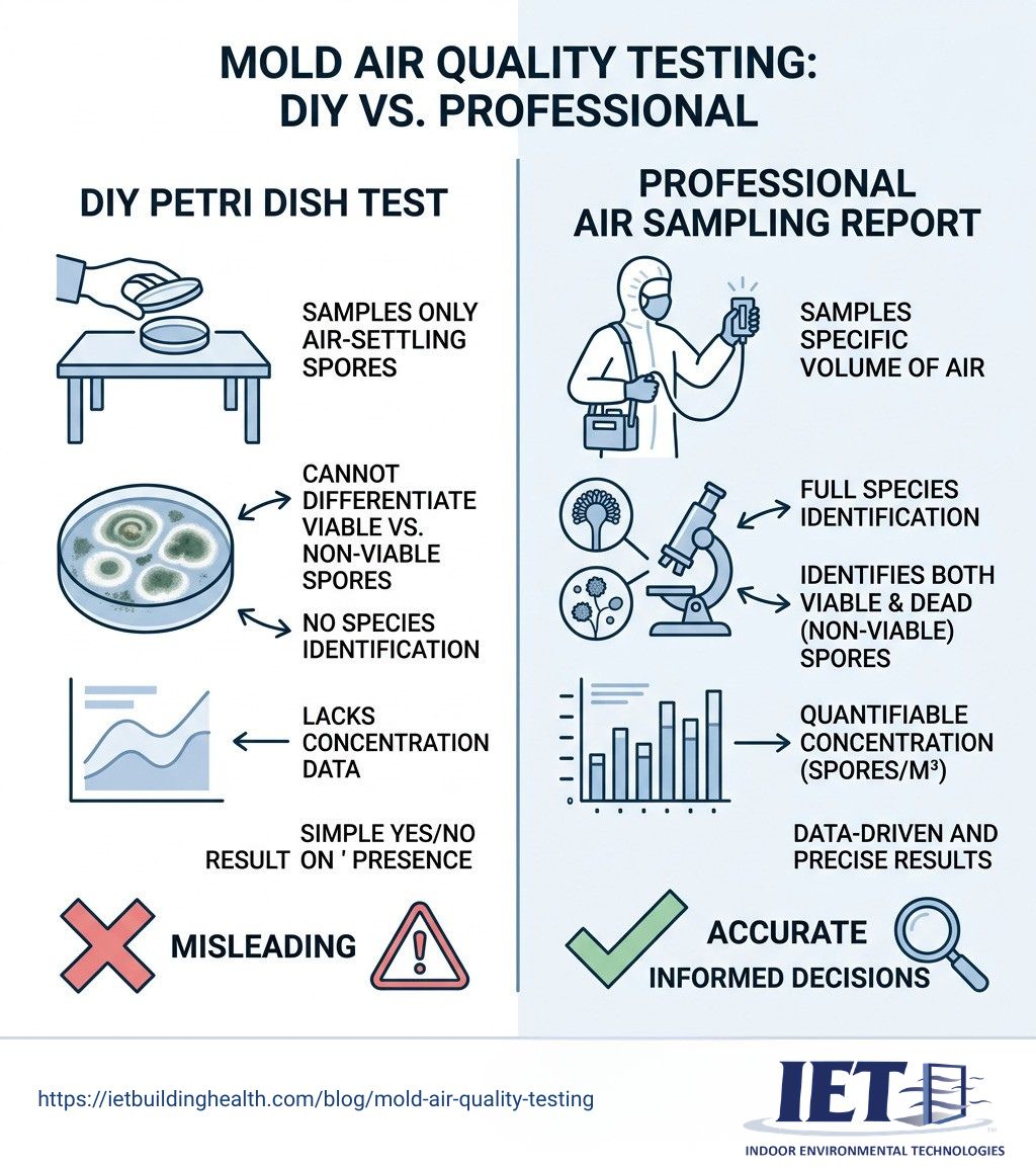 user-inserted Infographic showing the difference between a DIY petri dish test vs. a professional air sampling report - mold air quality