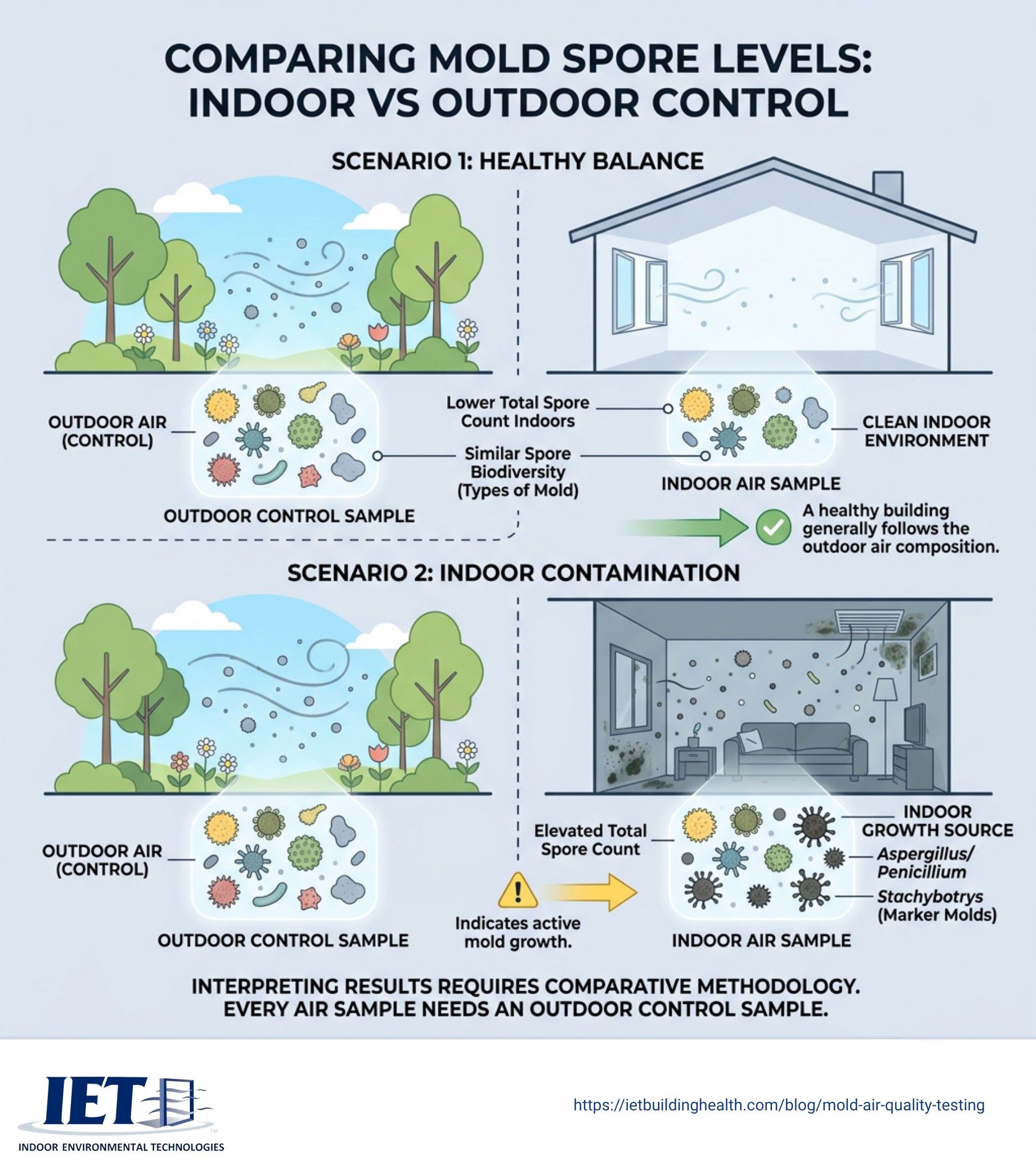 user-inserted Infographic comparing indoor vs outdoor mold spore levels: showing healthy balance vs. indoor contamination - mold air