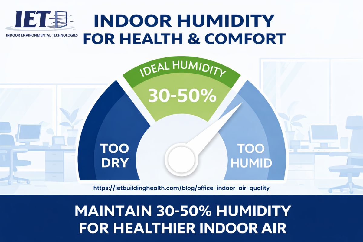 Infographic showing the ideal indoor humidity range of 30-50% for health and comfort - office indoor air quality infographic