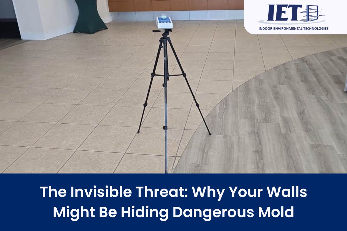 Mold air quality testing device on tripod in a home interior space