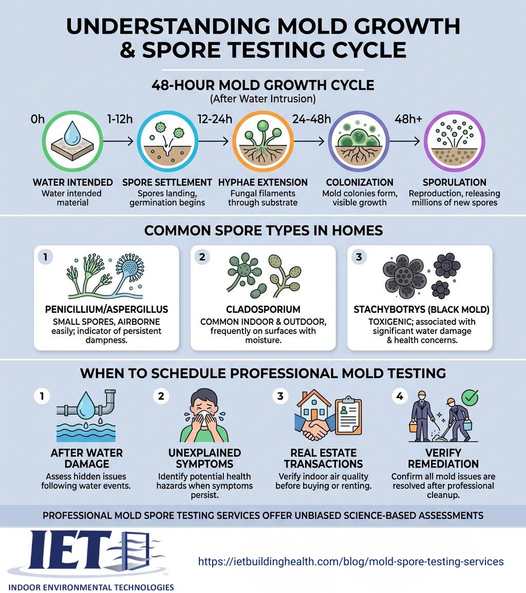 Infographic showing 48-hour mold growth cycle, spore types, and when to test - mold spore testing services infographic