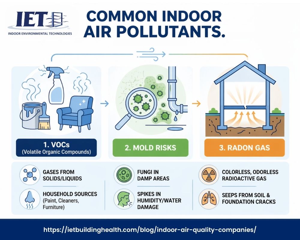 Infographic detailing common indoor air pollutants including VOCs (volatile organic compounds), mold risks, and radon gas. Highlights household sources like paint, cleaners, and furniture, the dangers of damp areas for mold growth, and the colorless, odorless nature of radon gas seeping from soil and foundation cracks.