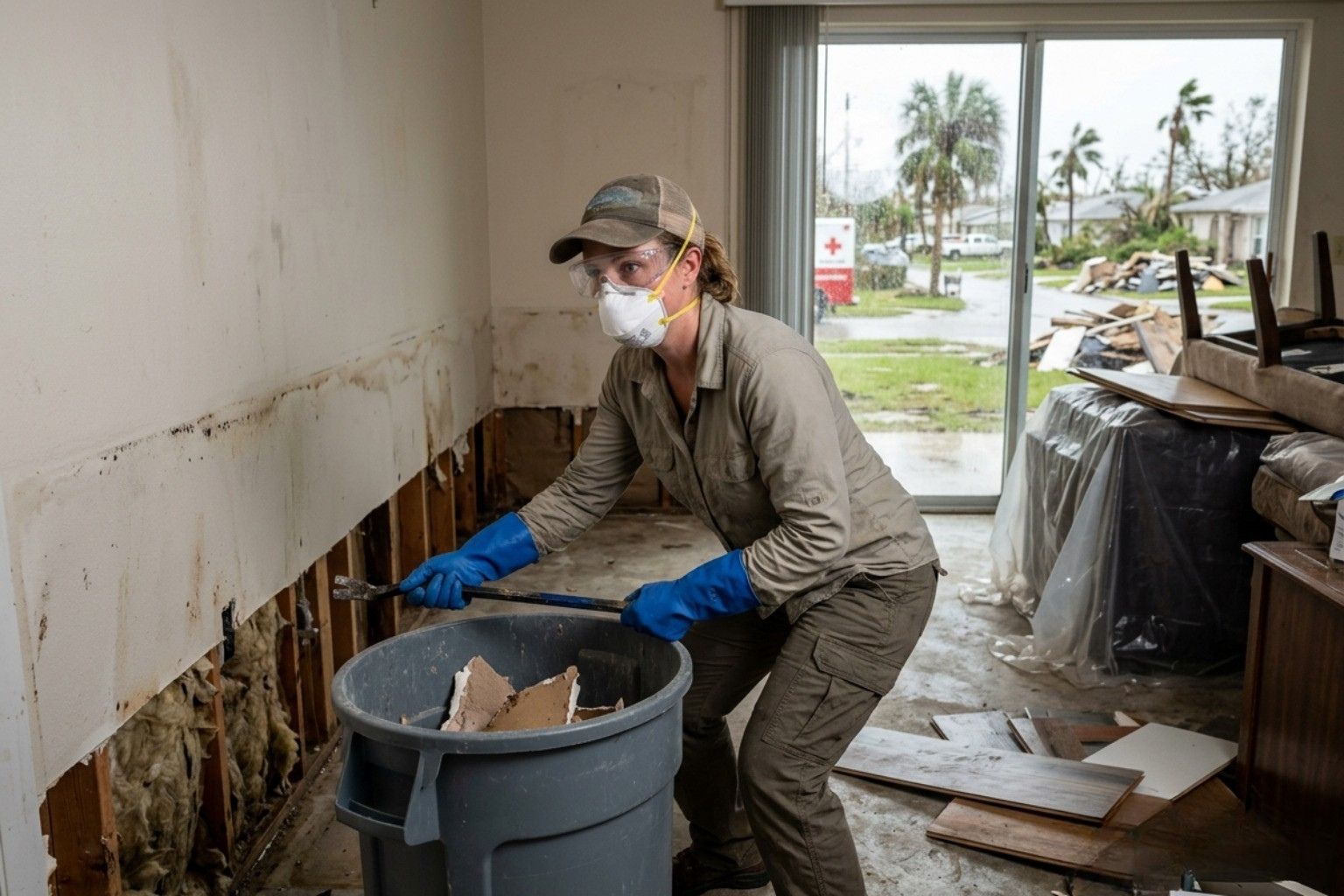 Homeowner wearing N-95 respirator during hurricane cleanup - hurricane mold inspection florida