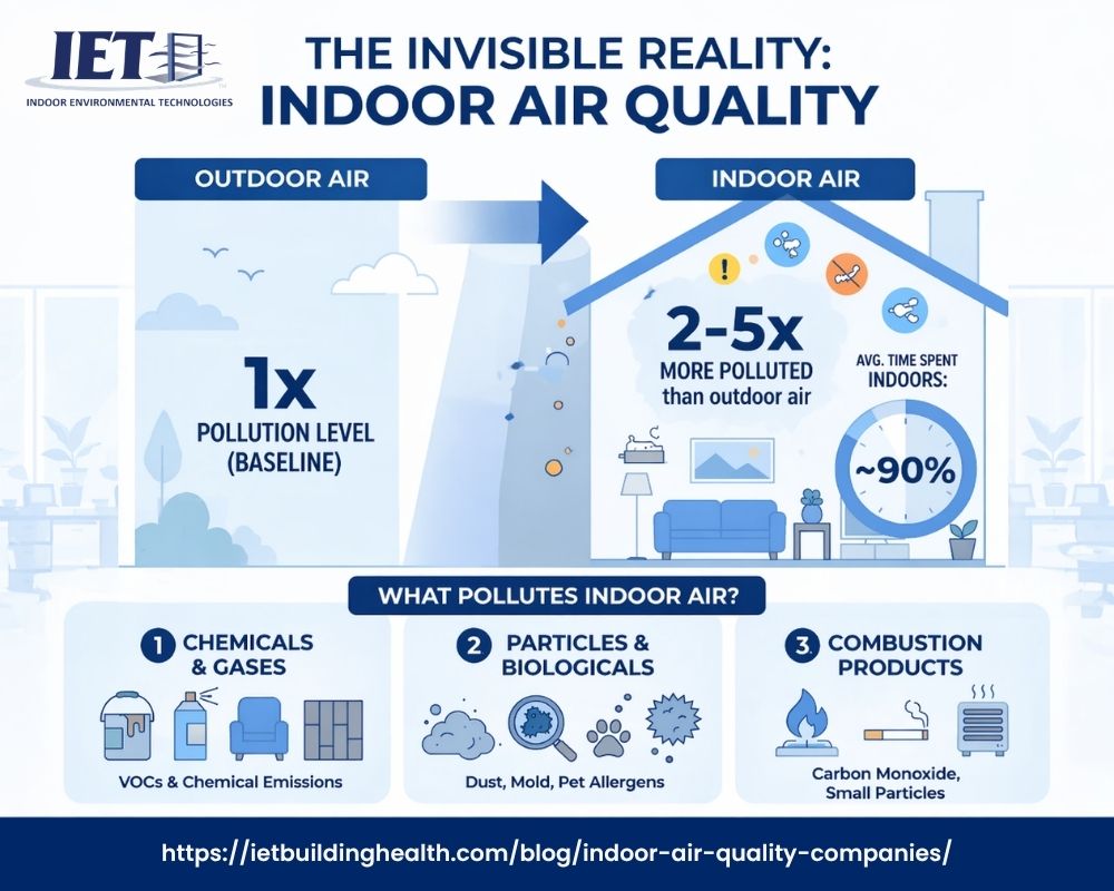 Infographic illustrating indoor air quality pollution levels, showing that indoor air is 2-5 times more polluted than outdoor air. The image highlights common pollutants like chemicals, gases, dust, mold, pet allergens, and combustion products, underscoring the importance of air quality management indoors.