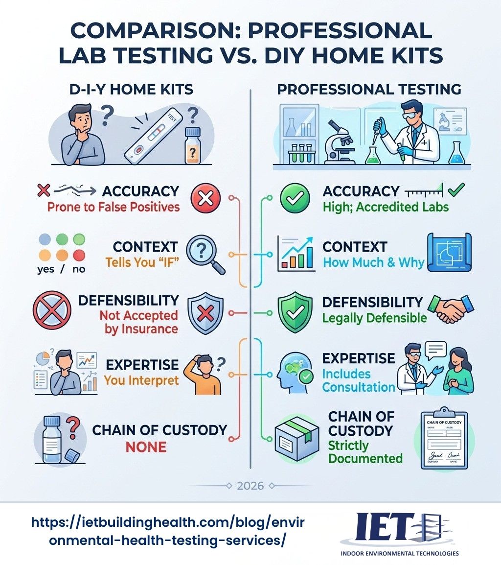 Comparison of professional testing accuracy versus DIY home kits - environmental health testing services infographic 