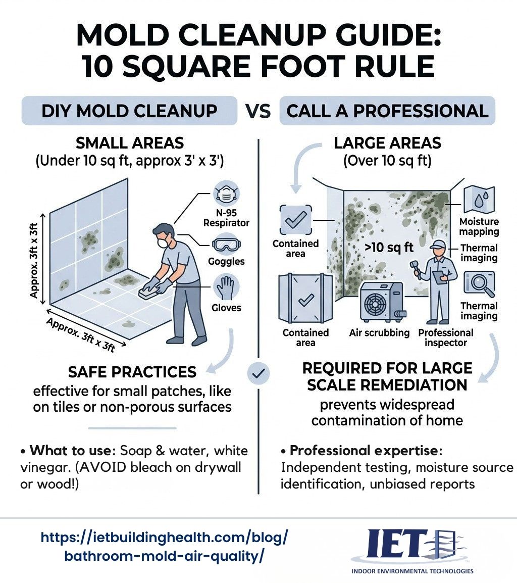 user-inserted Infographic showing the 10 square foot rule and when to call a professional vs. DIY cleaning - bathroom mold air quality