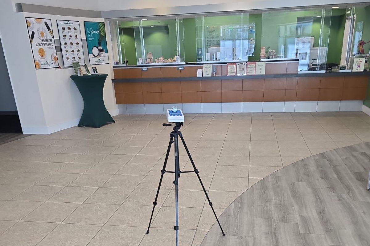 Indoor air quality testing in an office space with equipment set up to monitor air quality levels. Vert Environmental conducts professional assessments to ensure safe and healthy air for workplaces.