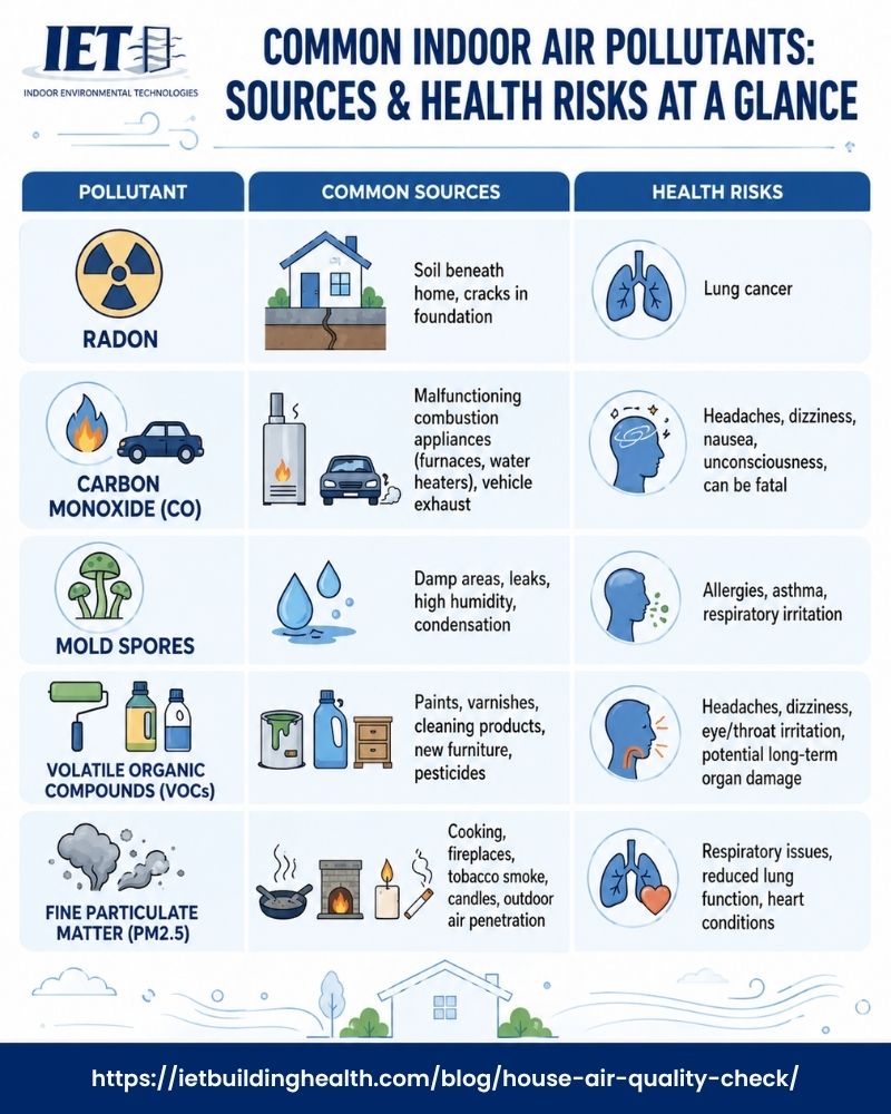 Infographic detailing common indoor air pollutants, their sources (radon, carbon monoxide, mold spores, VOCs, fine particulate matter), and associated health risks (lung cancer, headaches, respiratory issues, asthma, etc.).