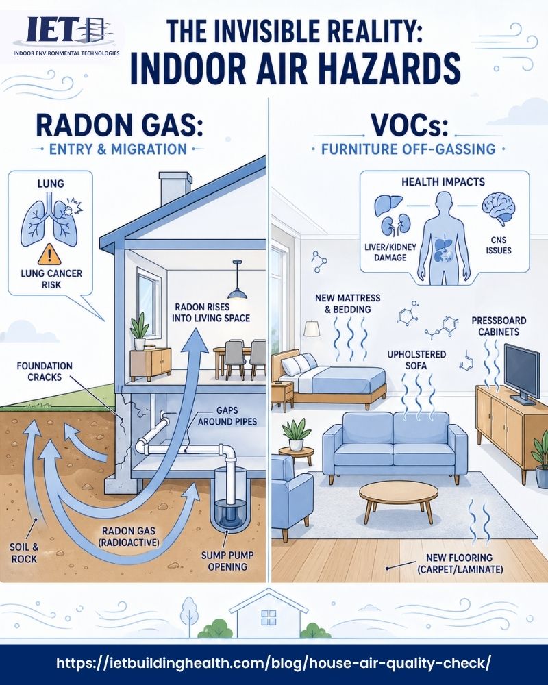 Infographic illustrating indoor air hazards, including radon gas migration through foundation cracks and VOCs (volatile organic compounds) from new furniture off-gassing, with their associated health risks like lung cancer, liver damage, and CNS issues.