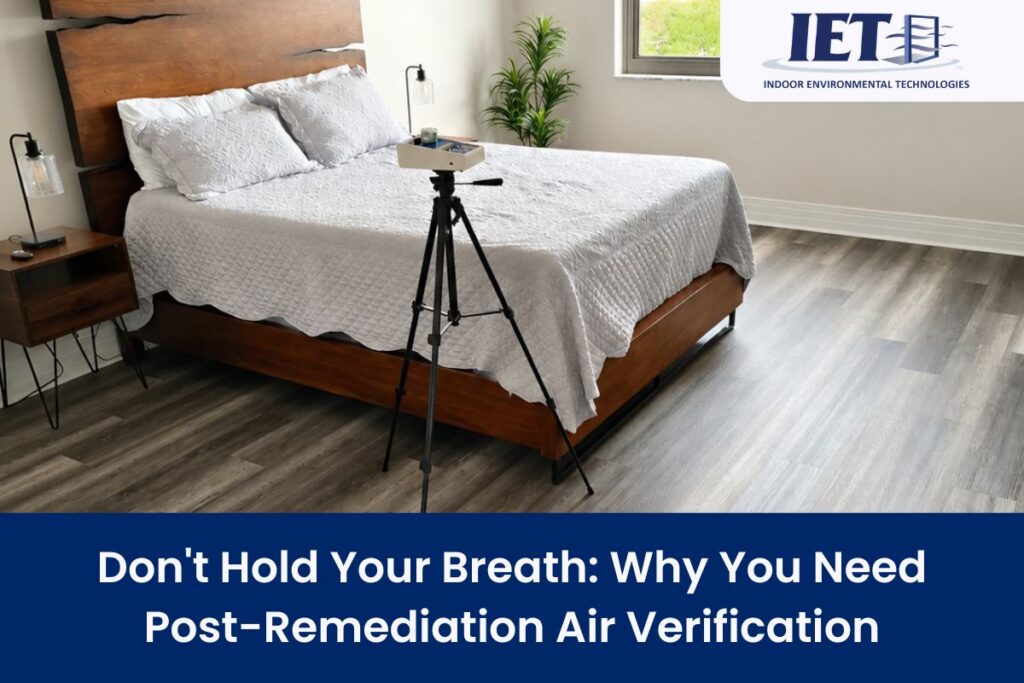 Modern bedroom with vinyl plank flooring being tested for air quality using a post-remediation air verification device by Indoor Environmental Technologies (IET) for safe and clean indoor environment.