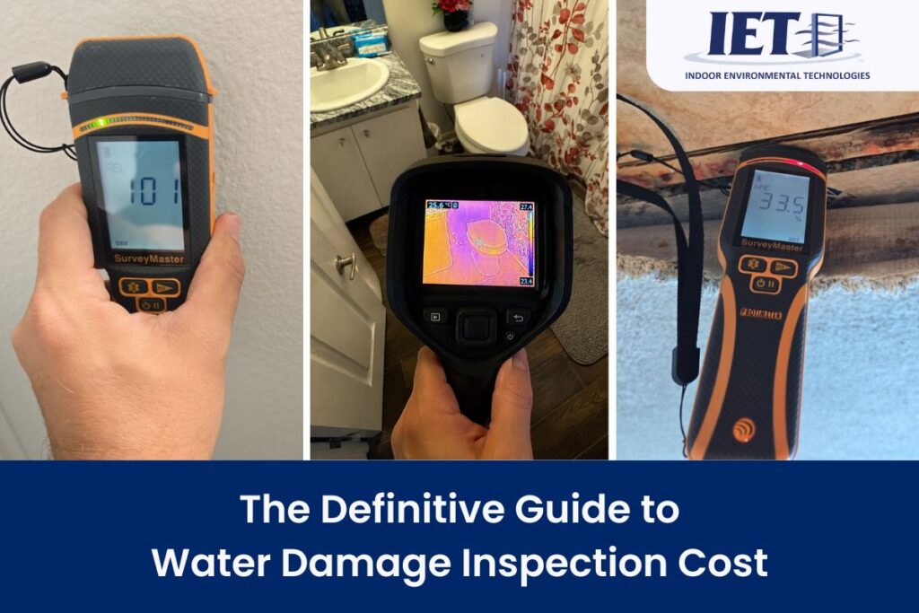 Water damage inspection tools in use, including a moisture meter, thermal imaging camera, and humidity reader, demonstrating a professional water damage assessment in a residential home.