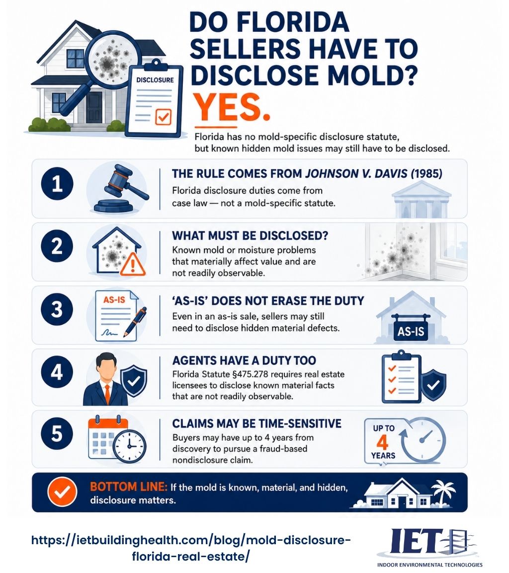 Infographic detailing Florida mold disclosure requirements for real estate agents and sellers.