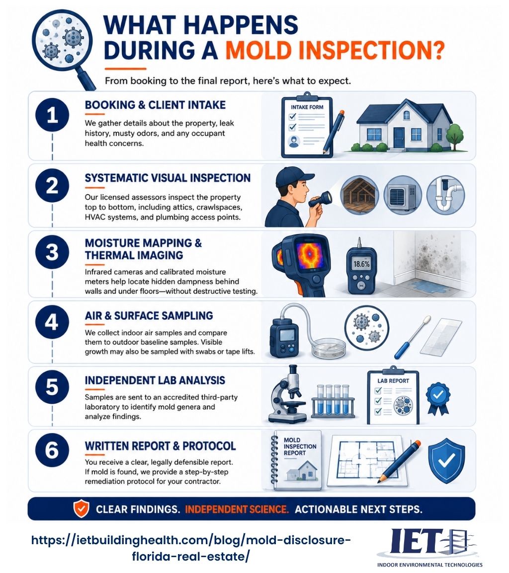 Infographic detailing the six steps of a mold inspection process in Florida real estate.