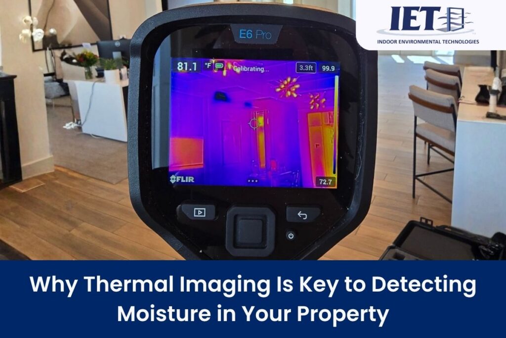 Thermal imager displaying a room's temperature variations, highlighting areas of potential moisture.
