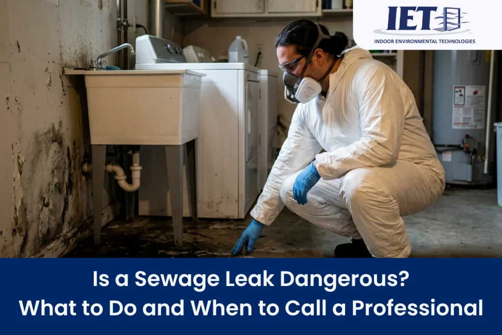 Sewage leak inspection in a basement, highlighting black water contamination risk.