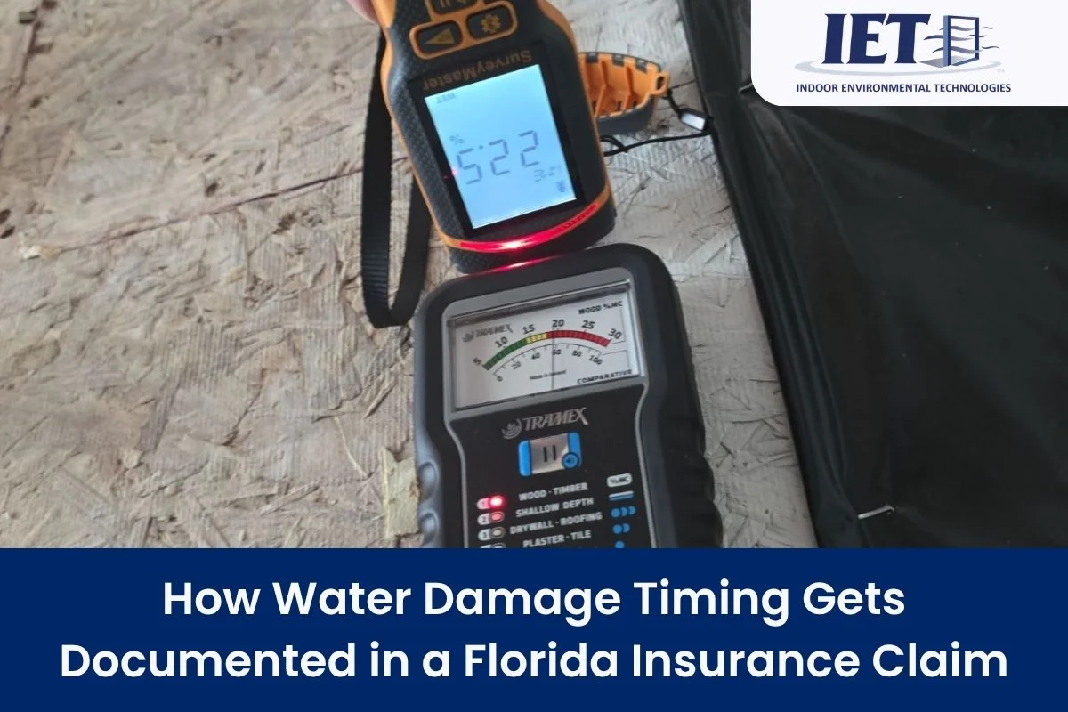 Subfloor moisture meter detecting water damage for Florida insurance claim documentation