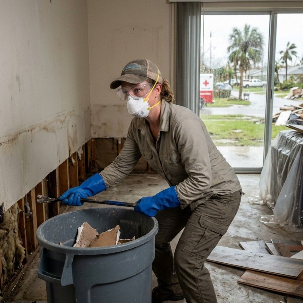 Homeowner wearing N-95 respirator during hurricane cleanup - hurricane mold inspection florida
