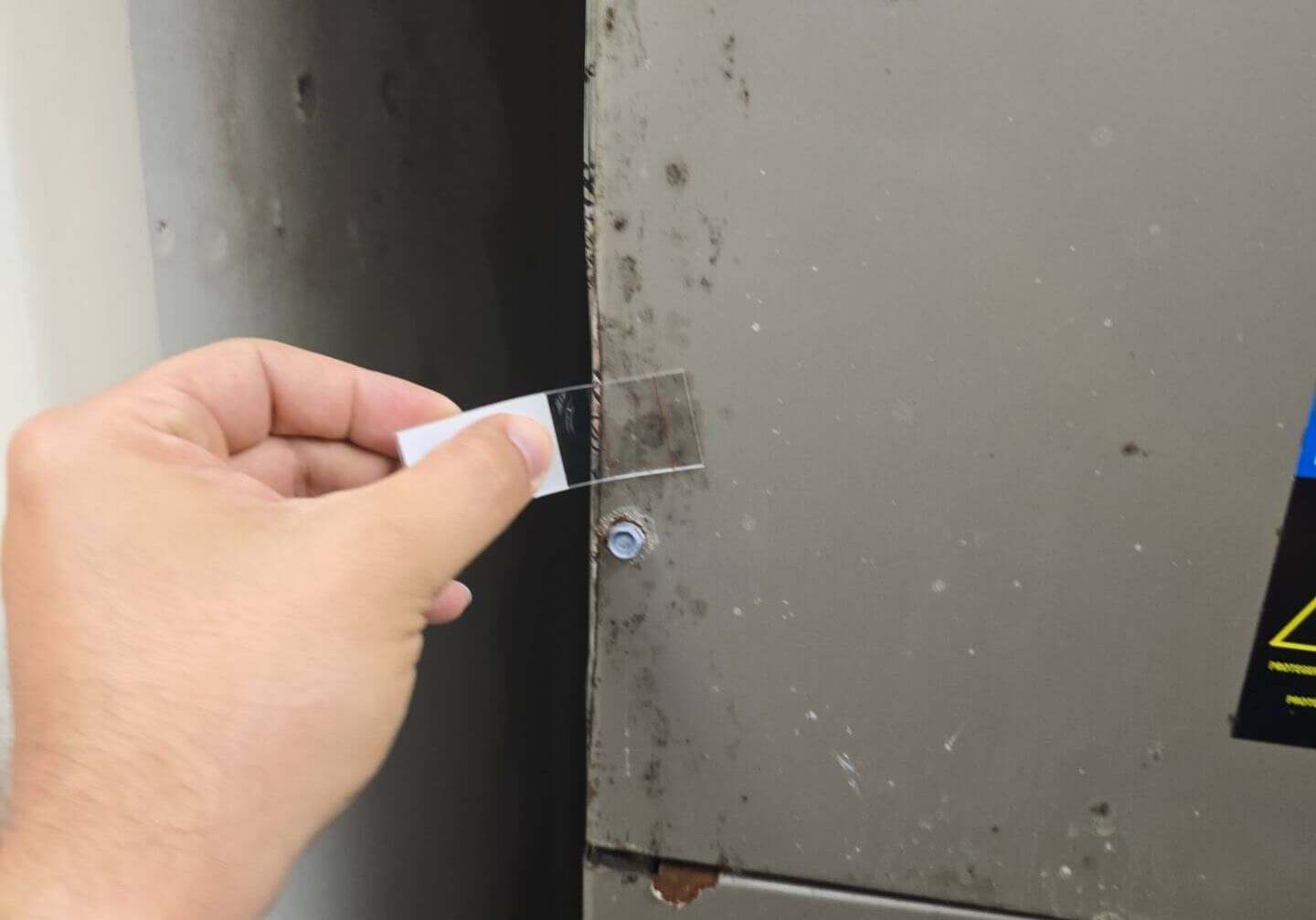 An environmental technician performing a bio-tape lift sample on an HVAC unit for laboratory mold analysis.