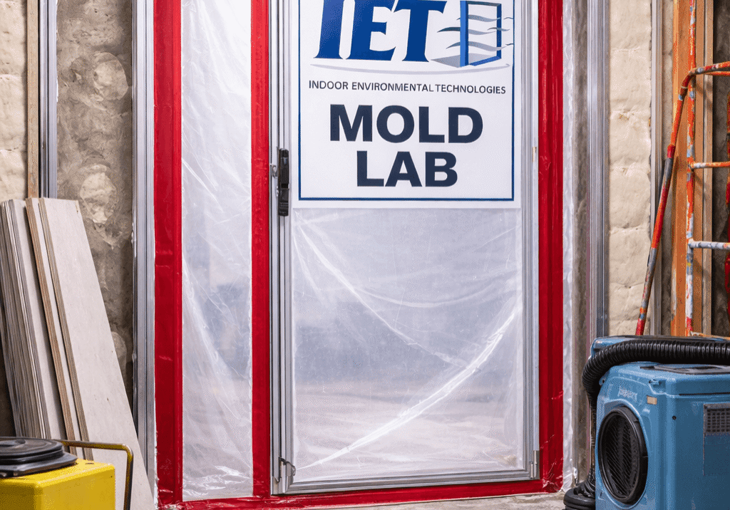 Onsite mold laboratory containment door with negative air machines and industrial hygiene equipment.