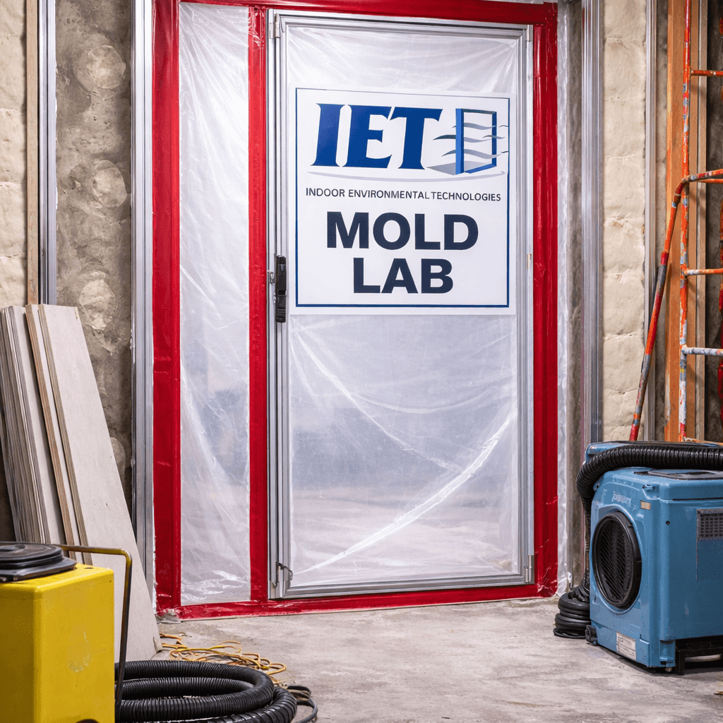 Onsite mold laboratory containment door with negative air machines and industrial hygiene equipment.