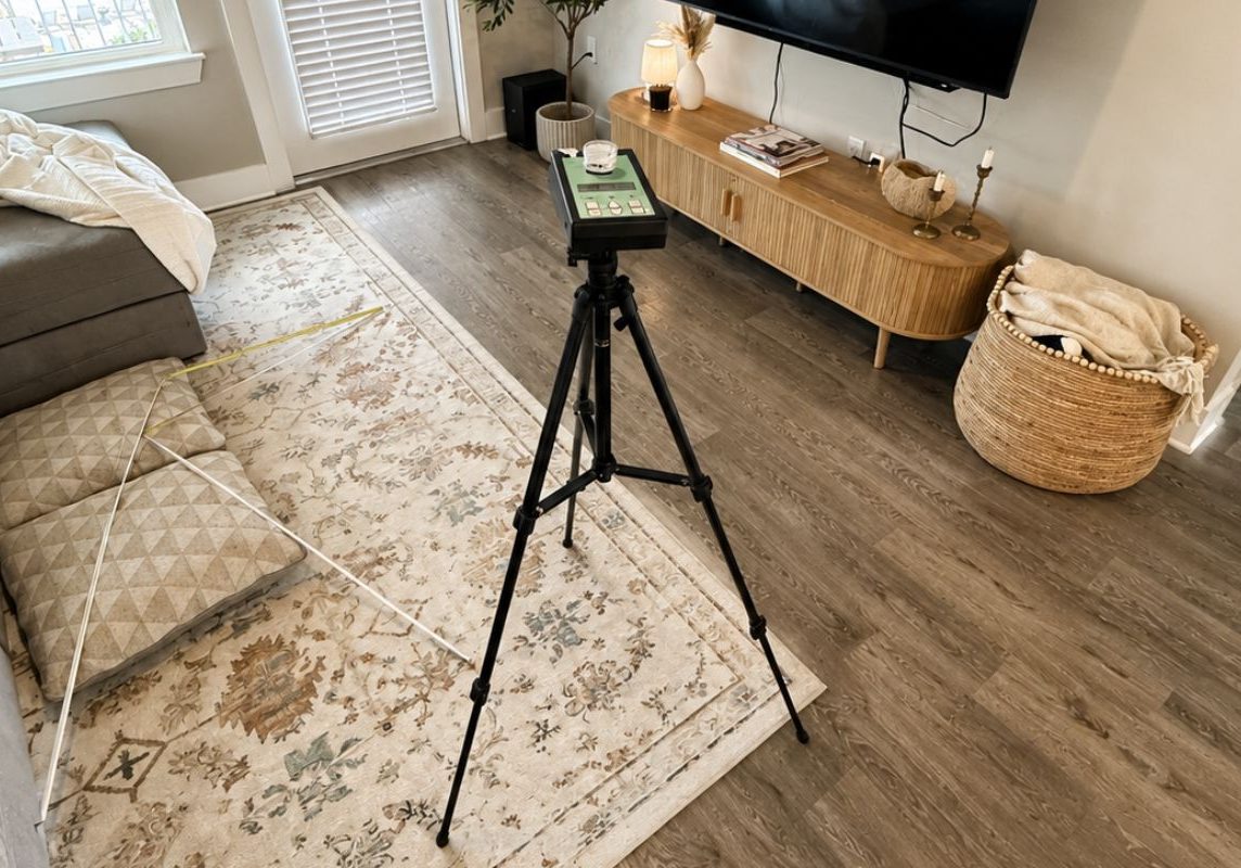 Professional mold remediation air testing setup in a residential living room, showing specialized equipment on a tripod measuring indoor air quality post-remediation for safe re-occupancy.