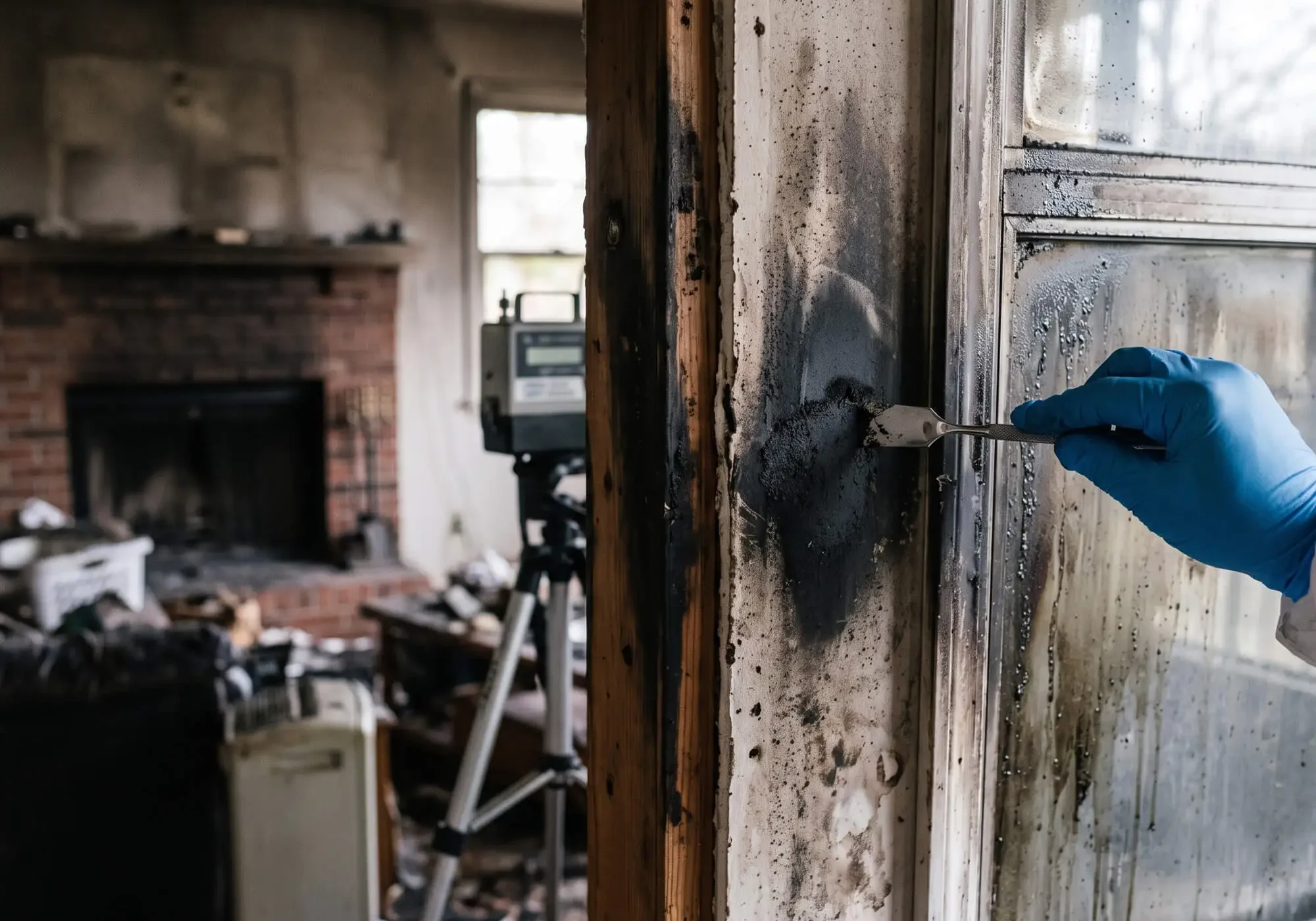 Close-up of a technician scraping soot residue sample off drywall and window casing near a fire-damaged fireplace.